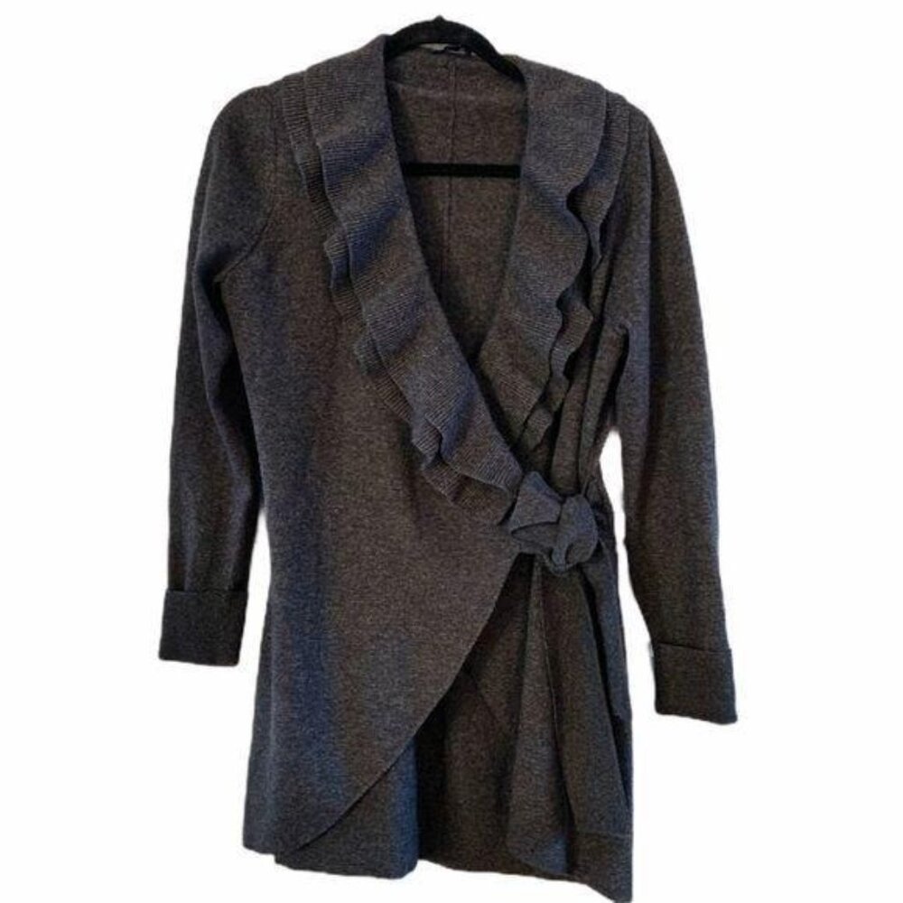 Lafayette 148 Cardigan Medium Wool/Cashmere Wrap Tie Ruffle Crossover Gr…